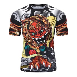 LAFROI CLY08D Men's Short-Sleeved Compression Shirt UPF 50+ Rash Guard, Lion Dance
