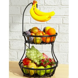 2-Tier Fruit Basket Bowl Stackable Vegetable Storage with Banana Tree Hanger Stand for Kitchen Countertop, Metal Wire Basket for Bread Onions Potatoes Black