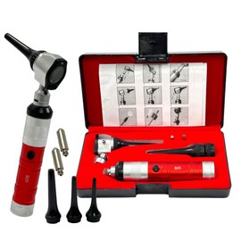 Pro Veterinary Otoscope Set with Specula Tips & Extra LED Bulbs, Colored Handle | Animal Diagnostics Examination Set for Veterinary Students (Red)