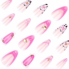 24Pcs French Tip Press on Nails 3D Flower Fake Nails Artificial Glossy Almond False Nails Full Cover Fake Nail Glue on Nail for Women Artificial Removable Acrylic Nail Daily Wear Niche Design