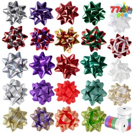 JOYIN 75PCS Christmas Bows Assortment with 2 Rolls of Curling Ribbons,5 Colors Self Adhesive Gift Bows for Gift Wrapping, Birthday Wedding Easter Xmas Presents Boxes Decoration