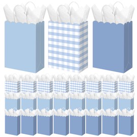 Kolldenn 24 Pcs Blue Gingham Party Supplies Gift Bags with Handles Scallop Kraft Paper Checkered Plaid Treat Candy Goodie Party Favor Bags for Baby Shower Birthday Wedding Decor