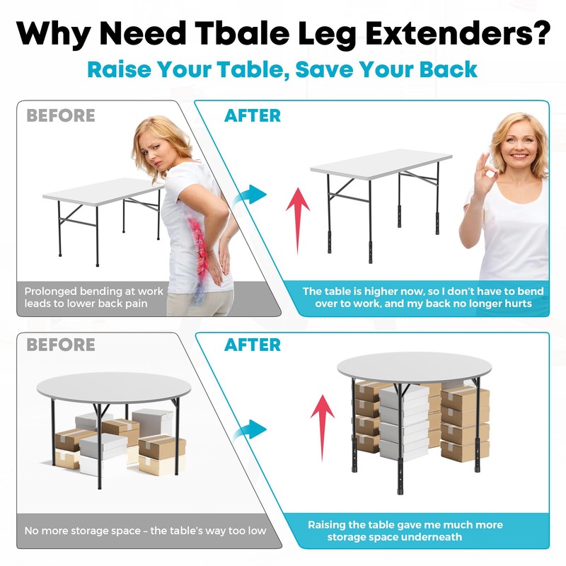 3-LEVEL Adjustable Table Leg Risers, Highly Durable Steel Folding Table