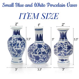 Goaste 3 Pack Small Blue and White Porcelain Vases, 5.5 Inch Tall Mini Vintage Vases, Classic Decorative Bud Vases, Chinoiserie Ceramic Vases for Home Decor, Office, Party Decoration and Events