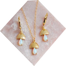 Smxyancht Mushroom necklace and Earrings set for women, inlaid with opal pendant, Plant Necklace Enamel Adjustable Chain Drop Mushroom Dangle Gold Plated Trendy Jewelry Gifts