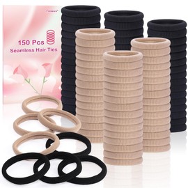 150 Pcs Seamless Elastic Hair Ties No Damage for Thick & Thin Hair, Ponytail Holders, Elastics, Soft Pony Tails Bands for Women, Khaki & Black