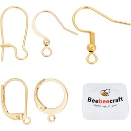 Beebeecraft 1 caja de 50 ganchos de 5 estilos con agujero de bucle chapado en oro de 18 quilates, kit de fabricación de aretes de palanca para hacer aretes de joyería