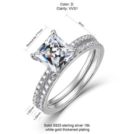 WES (Total 2.336cttw 2ct Center Moissanite Engagement Rings D Color VVS1 Clarity Lab Created Diamond Rings Princess Cut Bridal Ring Sets Promise Rings for Her Wedding Bands for Women With Certificate,