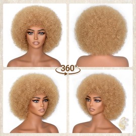 Afro Wig with bangs 70s Short Afro Curly Wigs for Black Women Bouncy Huge Fluffy Puff Synthetic Kinky Curly Wig for Cosplay Daily and Party Use (10 Inch, Light Blonde)