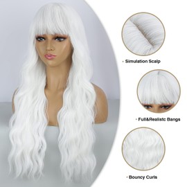 BOGSEA White Long Hair Wigs with Bangs White Long Wig for Women White Wavy Wigs Synthetic Heat Resistant Fiber Wigs for Daily Party 26 Inch