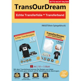 TransOurDream (10 Sheets Dark 5.0 Transfer Film + 5 Sheets Transfer Tape) Inkjet Transfer Paper for Dark T-Shirts for Iron-on, Textiles Iron-On Paper (D-Dark 5.0 + Transfer Tape)