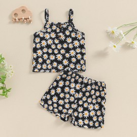 Loalirando Toddler Baby Girl Summer Tracksuit Sleeveless Daisy Print Spaghetti Strap Camisole Vest Elastic Waist Shorts 2Pcs Clothes for Little Girls (Black, 12-18 Months)