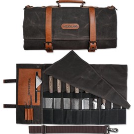WELKINLAND 13-Pocket Knife Roll, Waxed-Canvas Leather Knife Roll Bag, Heavy-Duty Chef Knife Roll Bag, WaterProof Knife Wrap Roll, Portable Chef Knife Roll Up, Chef Knife Bags And Rolls