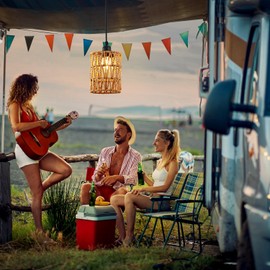 SIJINCHEN Battery Operated Chandelier with Remote, Outdoor Hanging Pendant Light with Warm White Bulb, Boho Pendant Lantern Lights, 4*AA Battery Powered, for Gazebo Porch Patio Backyard Decor