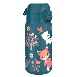 Ion8 Lightweight Steel Kids Water Bottle, 400ml/13oz, Non-Insulated, Leak Proof, Easy to Open, Secure Lock, Dishwasher Safe, Fits Cup Holders, Carry Handle, Metal Water Bottle, Teal, Forest Animals