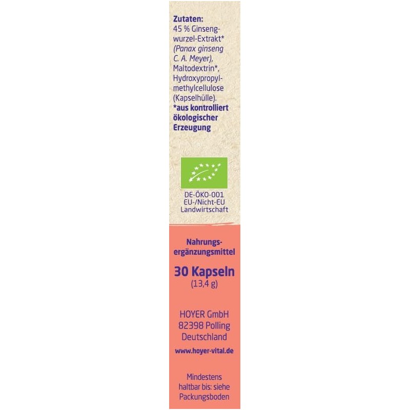 Mind. 15% Ginseno Side, Hoyer Organic Ginseng Capsules Pack of