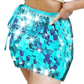 Zoestar Mermaid Sequin Skirt Sparkly Blue Belly Dance Skirts Rave Costume Outfits for Women, I-light Blue, 6-22
