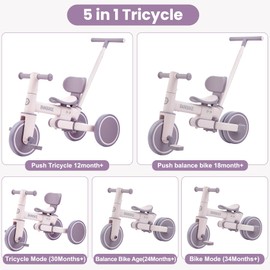 Bobike 5-in-1 Tricycle for Toddlers 18 Months to 5 Years Old, Toddler Bike, Kids Tricycle with Push Handle and Backrest, Toddler Balance Bike with Easy Assembly for Boys and Girls. (Purple)
