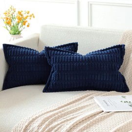 Artscope Dark Blue Cushion Covers Set of 2 Corduroy Decorative Square Striped Pillowcase with Stitched Edge Pillow Covers 30x50cm for Home Decor Sofa Bedroom Car