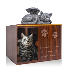 Cityjoy Cat Urn for Ashes - Large Wooden Texture Acrylic Memorial Urn with Angel Cat Statue, Pet Urns for Cats Ashes Keepsake Box - Sympathy Remembrance Gift for Loss of Beloved Pet Urns for Cats