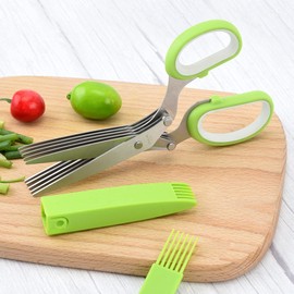 SimpleKitchen Gourmet Herb Scissors Set Multipurpose Cutting Shears with Stainless Steel 5 Blades, Herb Stripper, Safety Cover Cleaning Comb for Cutting Cilantro Onion Salad (Green)