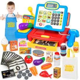 Dreamon Toy Till Cash Register with Scanner for Kids, Mini Kids Shop Play Till for 3 Year Old Girls Boys, Pretend Role Play Money Food Learning Toys Gift for Toddler