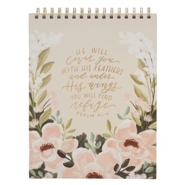 Christian Art Gifts Large Inspirational Spiral-Bound Hardcover Notepad for Women: Under His Wings Encouraging Scripture Writing Journal Stationery, Cream Multicolor Floral, 80 Double-Sided Lined Pages