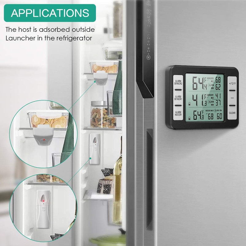 ORIA Refrigerator Thermometer, Wireless Digital Freezer Thermometer with 2 Wireless