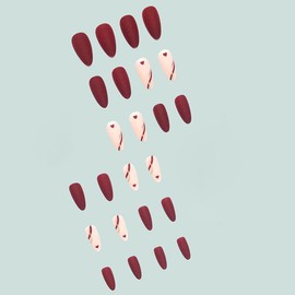 Hrnsnails Valentines Day Nails - Valentines Press On Nails Almond Medium, Matte Red Fake Nails with Heart&Gold Thread Design, Artificial Valentines Nails Stick On Nails for Women-24Pcs