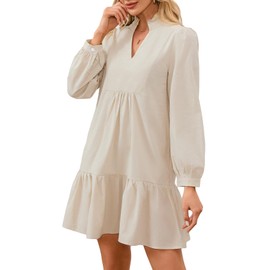 Ladyful Puff Long Sleeve Dress for Women Casual Cotton Ruffle V Neck Tiered Flowy Shift Dress Loose Mini Dresses with Pockets Beige