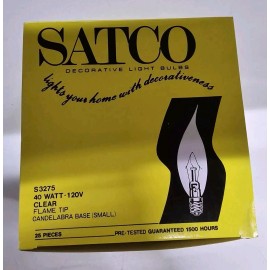 SATCO 25-Pack of 40 Watt Flame Tip Chandelier Light Bulbs E12 Candelabra Base 40W 120V