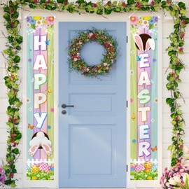 Happy Easter Porch Banner Bunny Egg Rabbit Daisy Party Front Door Decorations for the Home Wall Indoor Outdoor Party Supplies