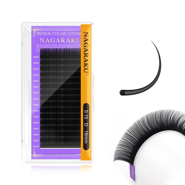 NAGARAKU Individual Eyelashes, Individual Eyelash Extensions, Permanent Volume Eyelash Extensions, Gentle, Natural, Matte Black, Single Size (Thickness 0.15 D Curl, 16 mm)