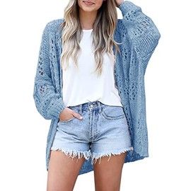 Ermonn - Cárdigan de ganchillo para mujer, estilo kimonos, estilo bohemio, color liso, de gran tamaño, con parte delantera abierta para el verano, Azul-cielo, XXL