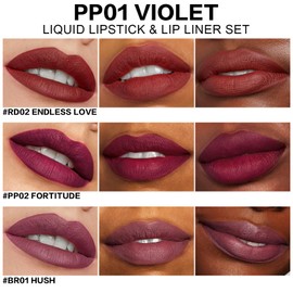 FOCALLURE KISSPROOF 6Pcs Liquid Lipstick & Lip Liner Set, 3 Highly Pigmented Lip Gloss, 3 Matte Lip Crayons with Built-in Sharpener, Non-Stick Cup Lips Makeup Gift for Women, PP01 VIOLET