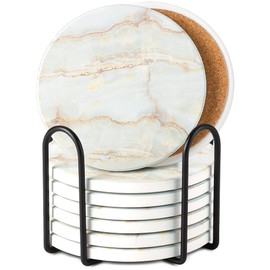 InnoGear Coasters for Drinks, 8 Pieces with Holder Absorbent Ceramic Stone Marble Pattern Reusable Coaster with Cork Base for Drinks, Gift Set for Birthday Housewarming Apartment Kitchen Bar Décor