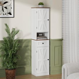 67" H Tall Bathroom Cabinet, Narrow Storage Cabinet with 2 Barn Doors and 1 Drawer, Freestanding Floor Cabinets with 5 Shelves and Open Storage Shelf for Bathroom, Living Room, Kitchen, White