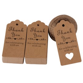 HAZOULEN Thank You Tags, 100 Pcs Kraft Paper Tags for Wedding Favors, Bridal Shower Party Gifts with Natural Jute Twine