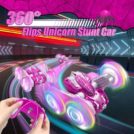 Remote Control Car with Spray Effect & LED Cool Lights, 360°Double-Sided 2.4GHz 4WD All Terrain Off Road Spider RC Car for Kids Toys, RC Stunt Car Toys, Electric Racing Car for 4+ Boys Girls (Pink)