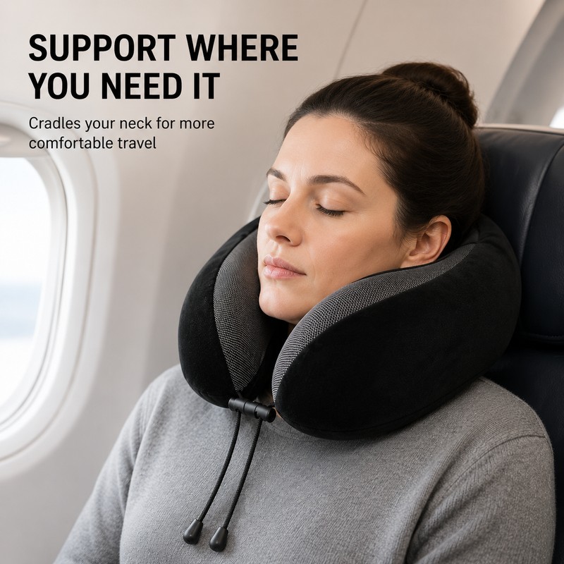 Hooded U-Shaped Memory Foam Travel Pillow, 9.84 × 9.06 ×
