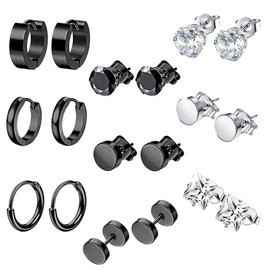 9 Pairs of Men's Black Stainless Steel Earrings Set, Diamond Earrings Black, Allergy-Free Stud Earrings, Black and Silver Neutral Earrings for Ear Cartilage or Other Parts, Stainless Steel