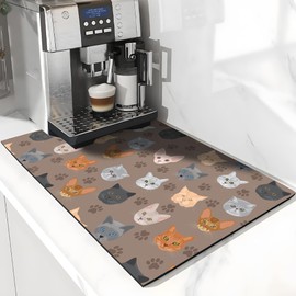 Cute Cat Print Coffee Mat 12"x19", Absorbent Anti-Slip Coffee Bar Mat for Countertops Fit Under Coffee Maker Coffee Machine, Dish Drying Mat for Kitchen Counter