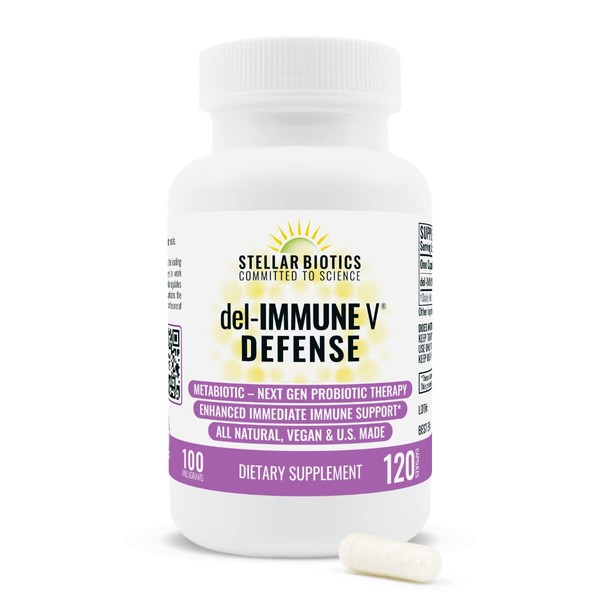 Stellar Biotics - del-Immune V® Defense 100mg - All-Natural Advanced Immune Support (+) - Immediate High Potency Immune System Care - Metabiotic Treatment, Next-Gen Probiotic Therapy (120 Capsules)