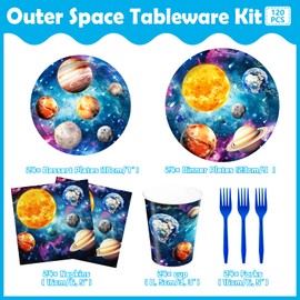 120pcs Outer Space Plate Napkins Space Birthday Party Supplies Solar System DisposableTableware Set Paper Cups Blue Forks for Kids Boys Birthday Party 24 Guests