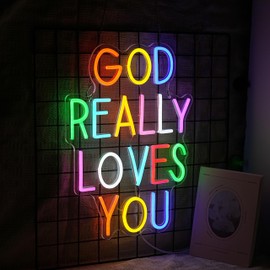 BNEMCEZH God Really Loves You Neon Sign USB Power Multicolored Word Led Sign God Neon Light for Inspirational Decor Dimmable Jesus Light up Sign for Church Home Birthday Party Wedding Classroom Office