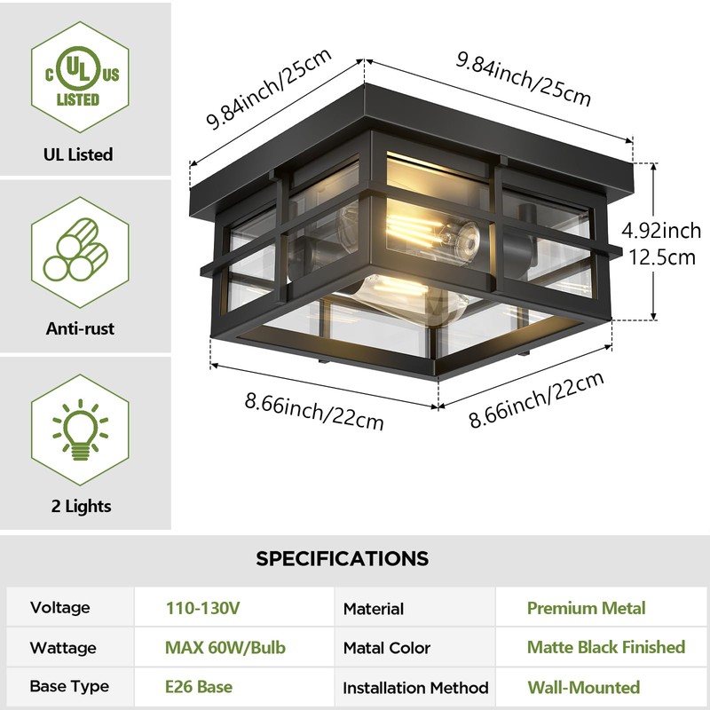 Asnxcju Modern Outdoor Ceiling Light Fixtures, 2-Light Black Flush Mount