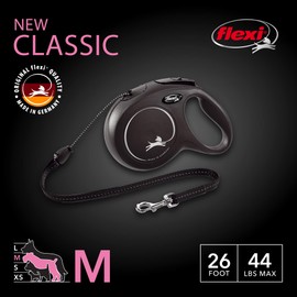 FLEXI New Classic Cord Retractable Dog Leash for Medium Dogs up to 44 lbs. – 26 ft., Black | Tangle-Free Pet Walking Leash with One-Handed Brake, Pause, Lock | German Quality Product