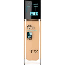 Base de Maquillaje Maybelline Fit Me Matte + Poreless - Tono 128 Warm Nude (30ml) - Textura Ligera, Acabado Mate, Control de Brillo - Ideal para Piel Grasa