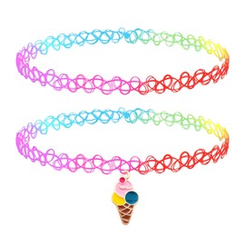 BodyJ4You 2PC Tattoo Choker Necklace - 90s Choker Necklace Women - 2000s Y2K Rainbow Choker - Ice Cream Pink Yellow Blue Goldtone Charm Pendant - Colorful Stretchy Elastic Necklace