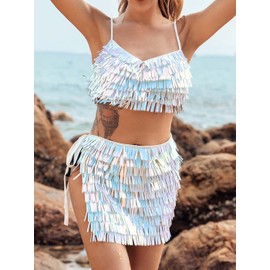 Ushiny Sequin Tassel Skirt Colorful Rave Skirt Holographic Festival Shiny Rave Outfit Sparkle Belly Dance Hip Scarf for Women and Girls